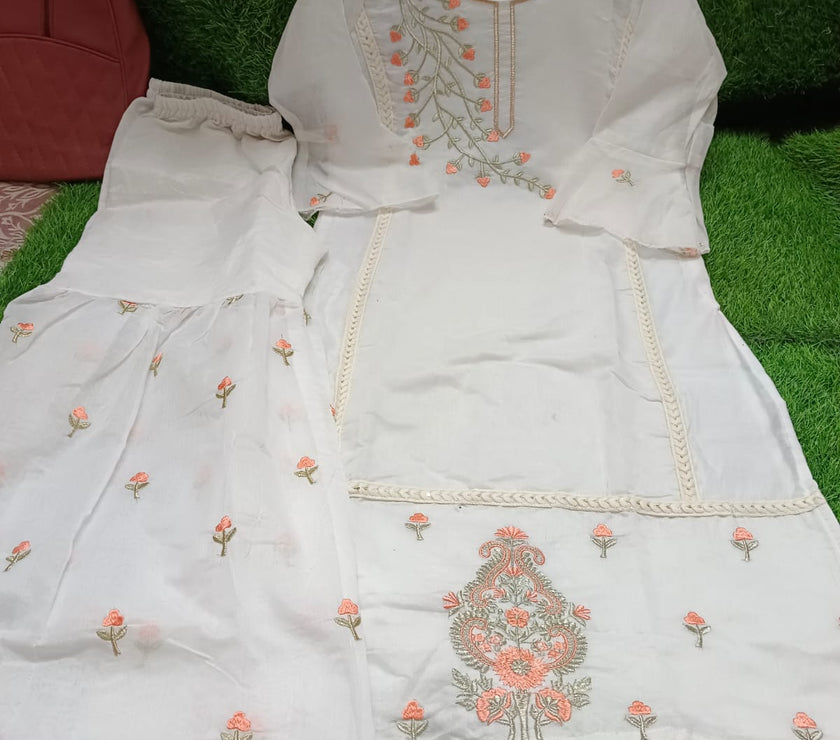 WHITE CHANDERI SHARARA SET