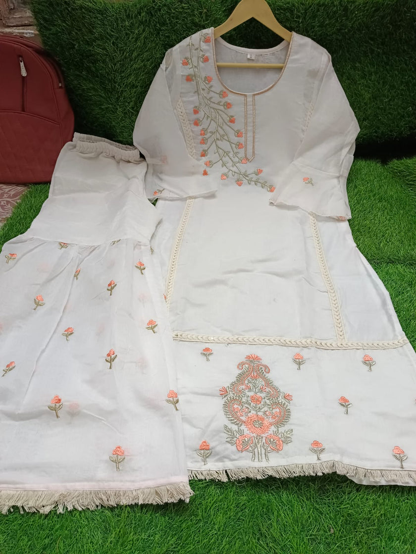 WHITE CHANDERI SHARARA SET