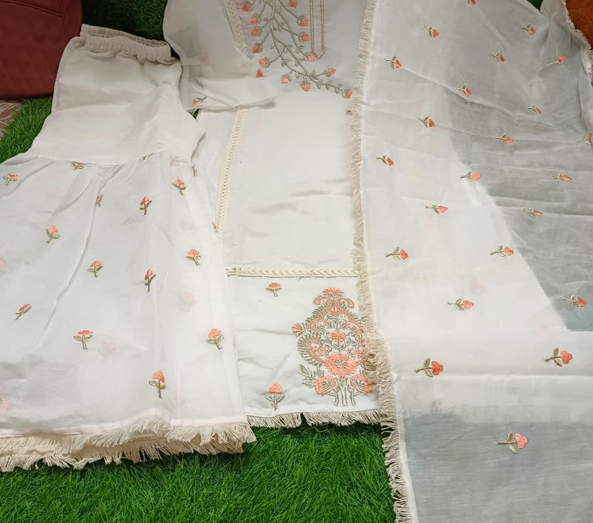 WHITE CHANDERI SHARARA SET