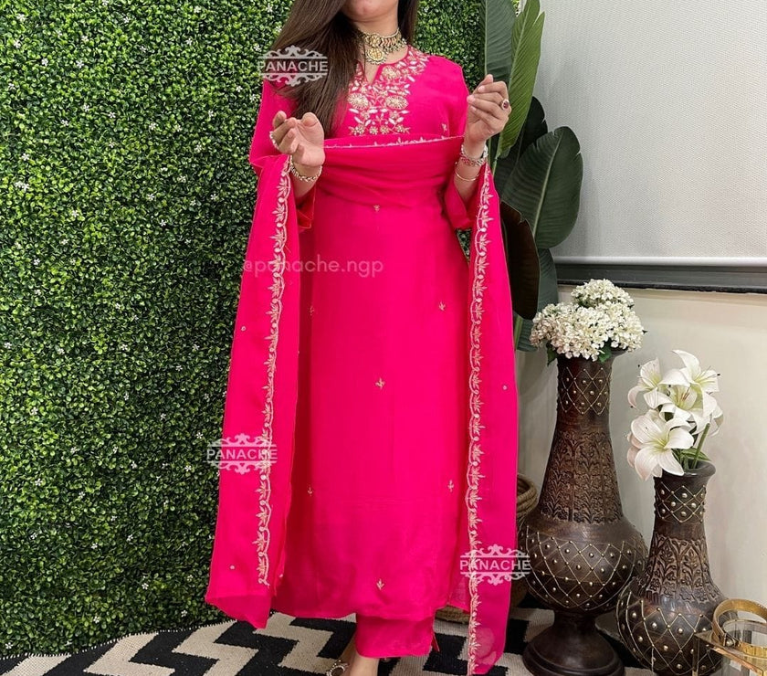 Pink Beautiful Heavy sequence embroidery on kurti and dupatta.