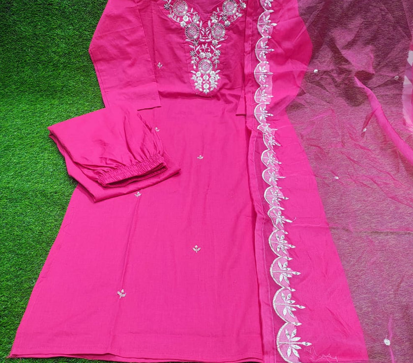 Pink Beautiful Heavy sequence embroidery on kurti and dupatta.