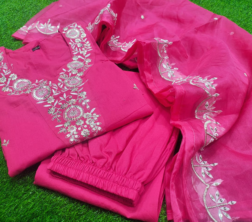 Pink Beautiful Heavy sequence embroidery on kurti and dupatta.