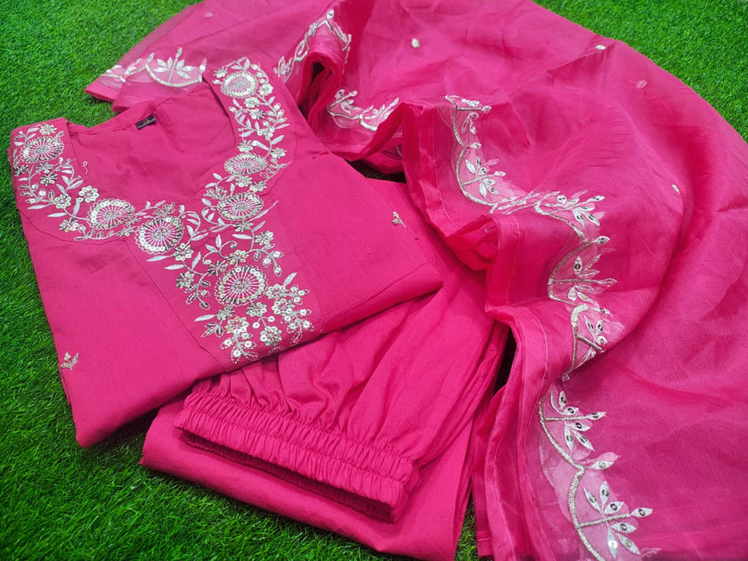 Pink Beautiful Heavy sequence embroidery on kurti and dupatta.