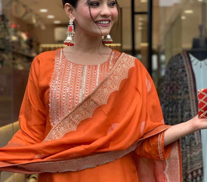 Orange Beautiful Heavy sequence embroidery on kurti and dupatta