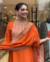 Orange Beautiful Heavy sequence embroidery on kurti and dupatta