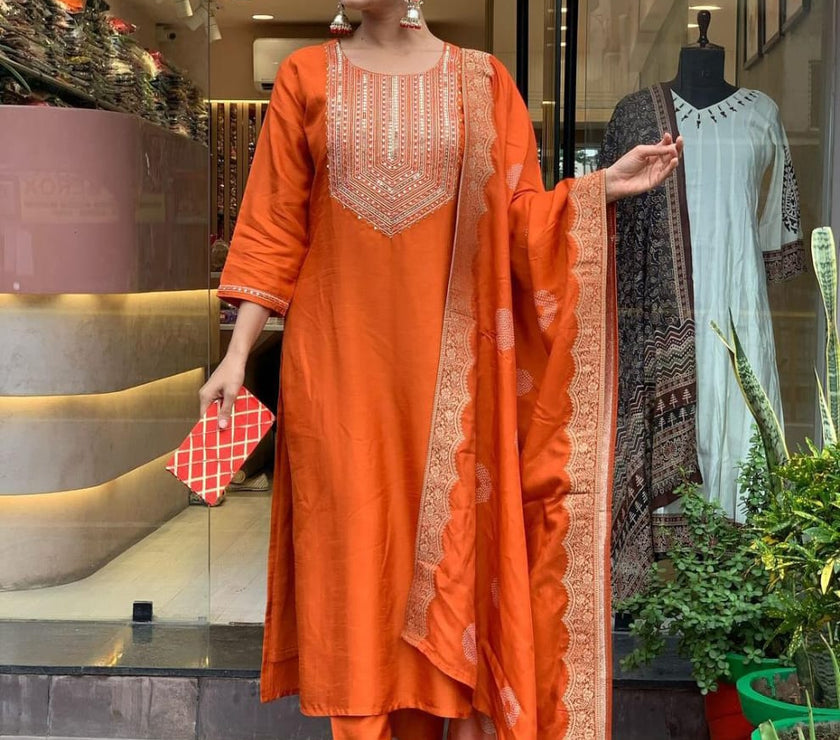 Orange Beautiful Heavy sequence embroidery on kurti and dupatta