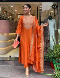 Orange Beautiful Heavy sequence embroidery on kurti and dupatta