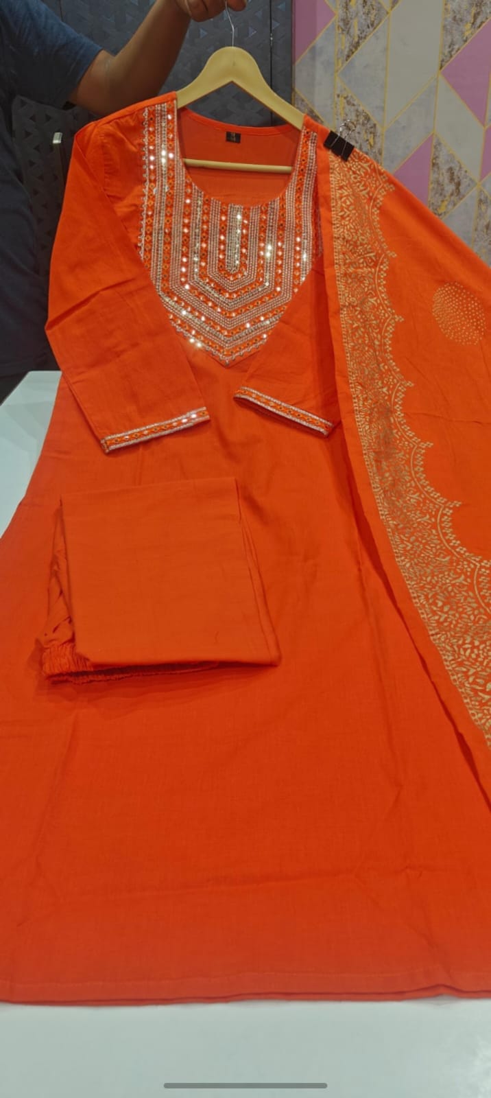 Orange Beautiful Heavy sequence embroidery on kurti and dupatta