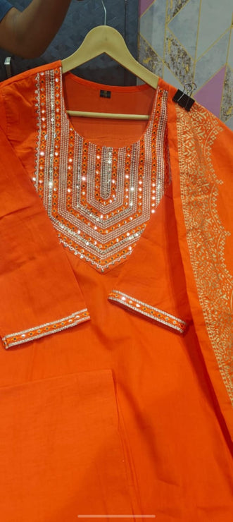 Orange Beautiful Heavy sequence embroidery on kurti and dupatta