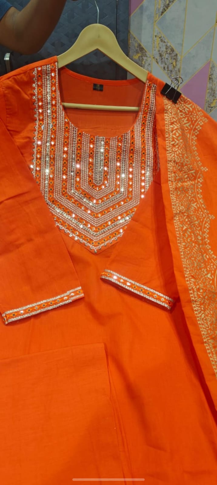 Orange Beautiful Heavy sequence embroidery on kurti and dupatta