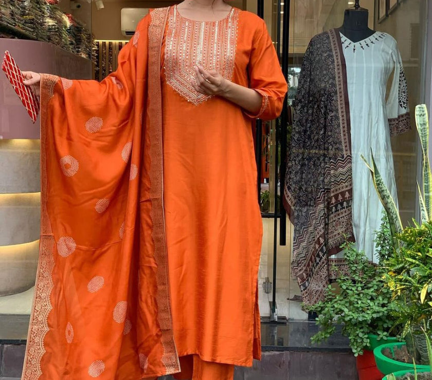 Orange Beautiful Heavy sequence embroidery on kurti and dupatta