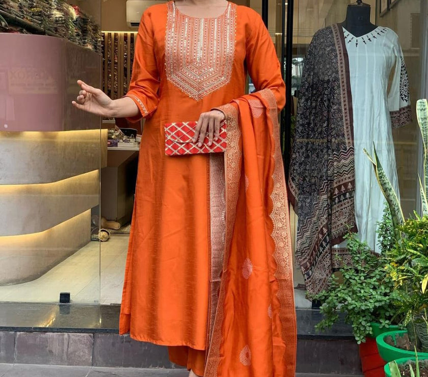 Orange Beautiful Heavy sequence embroidery on kurti and dupatta