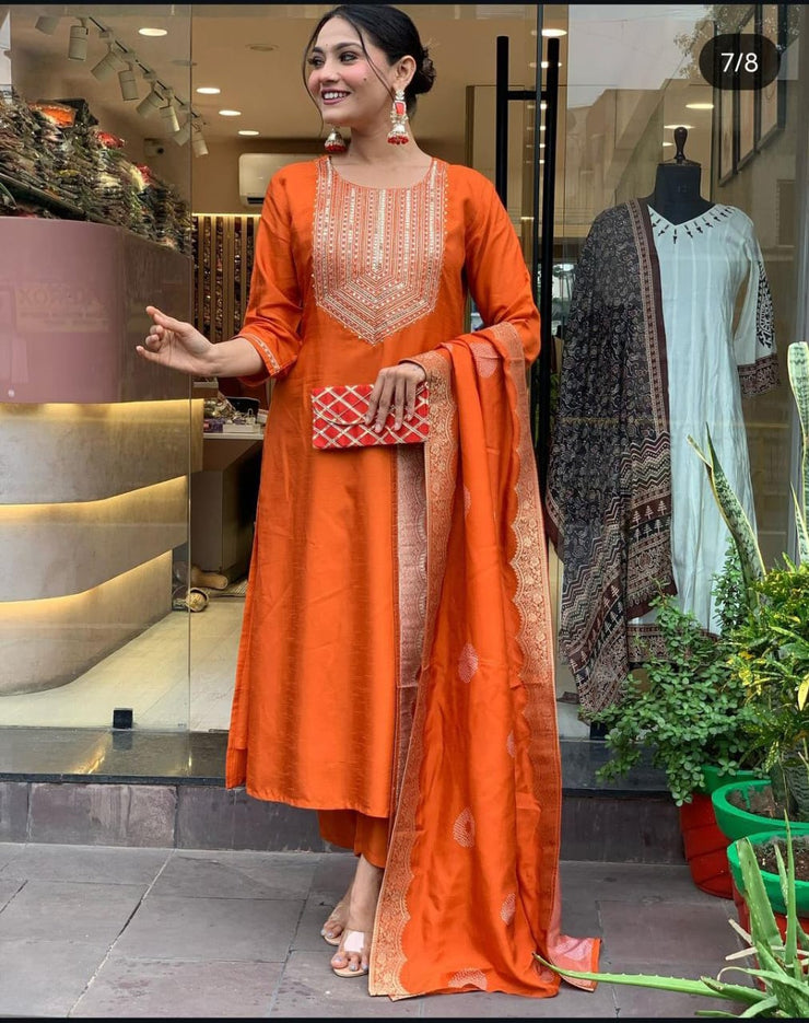 Orange Beautiful Heavy sequence embroidery on kurti and dupatta