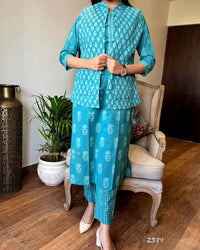 Cotton kurti pant set with quilted cotton jacket